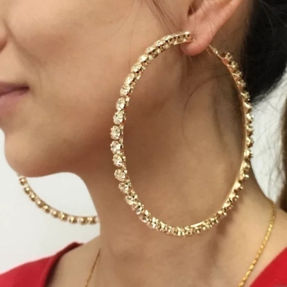 Crystal Oversized Hoop Gold Earrings NWT - Picture 1 of 6